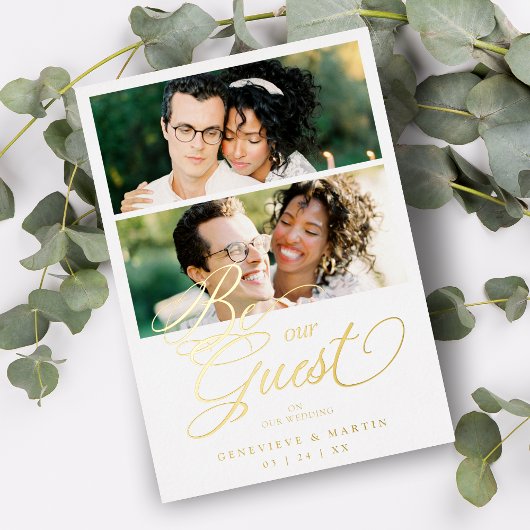 Cool Snazzy Real Golden 2 Photos Collage Wedding 箔招待状