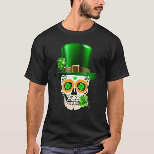 Cool Sugar Skull St Patrick's Day Shamrock Irish L Tシャツ (正面)