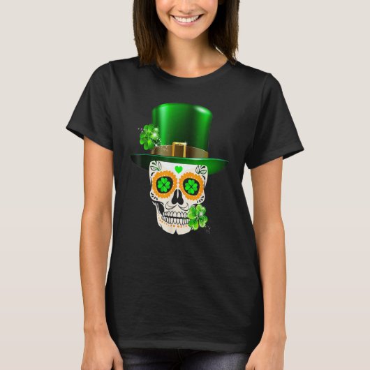 Cool Sugar Skull St Patrick's Day Shamrock Irish L Tシャツ (正面)
