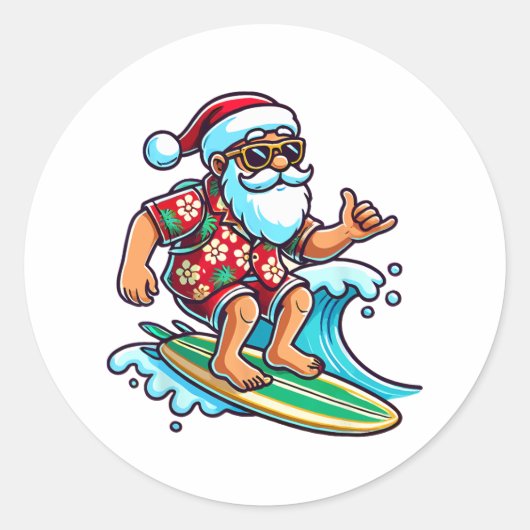 Cool Surfing Santa Christmas In July Summer Beach  ラウンドシール (正面)