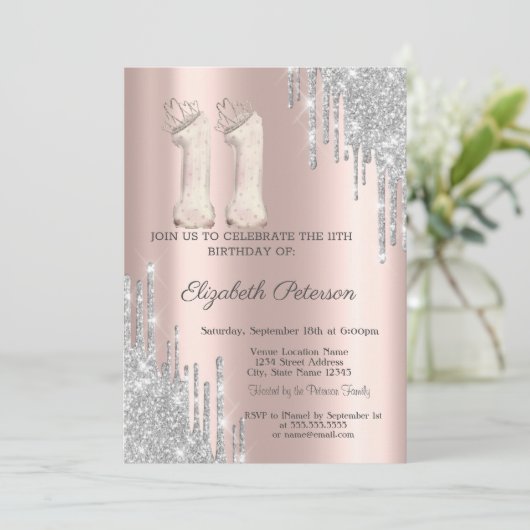 Cool Tiara Silver Drips Rose Gold 11th Birthday 招待状 (スタンド正面)