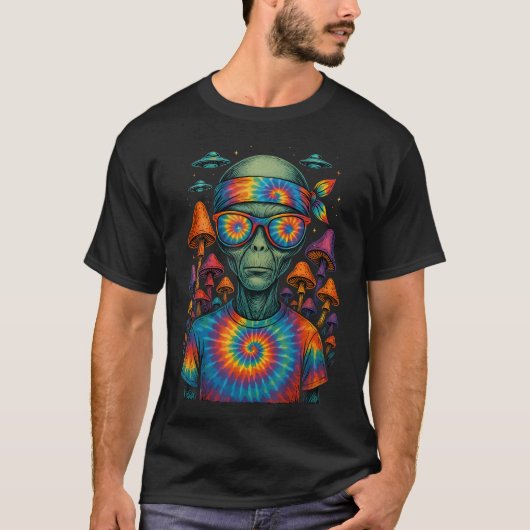 Cool Tie Dye Alien Hippie Retro Mushrooms Ufo Rave Tシャツ (正面)