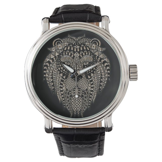 Cool Tribal Metallic Lion Head Black 腕時計 (正面)
