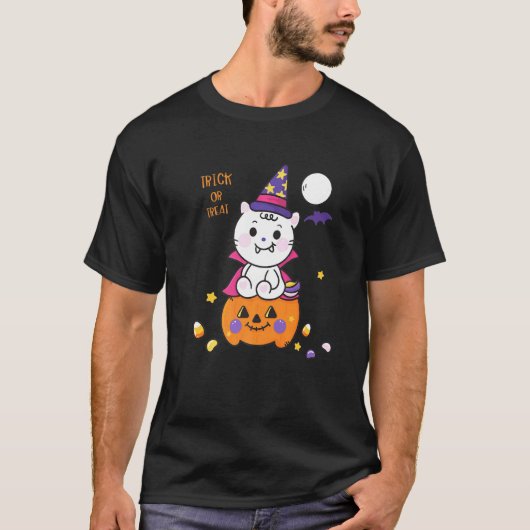 Cool Trick Or Treat Funny Halloween Cat Witch Grap Tシャツ (正面)