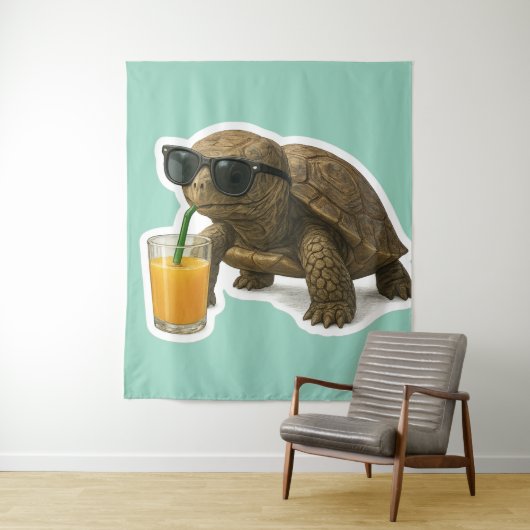 Cool Turtle Sipping Juice Sticker タペストリー (インサイチュ)