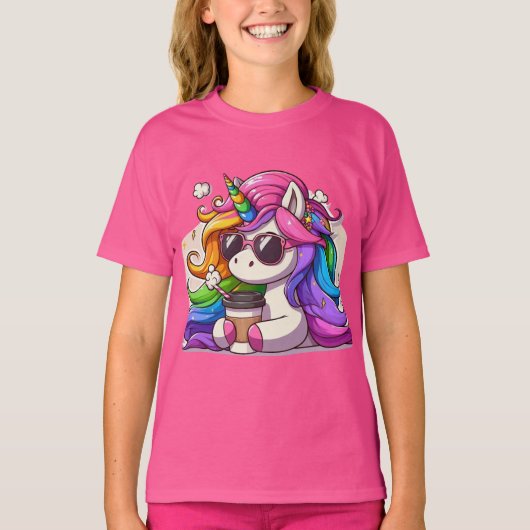 Cool Unicorn with Sunglasses and Coffee Tシャツ (正面)