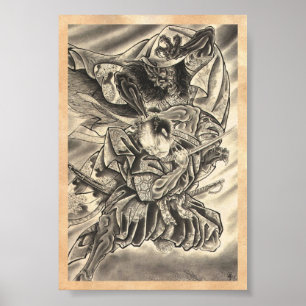Cool vintage japanese demon samurai fight tattoo ポスター