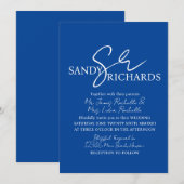 Cooles モノグラムの Blue White Script結婚's 招待状 (正面/裏面)