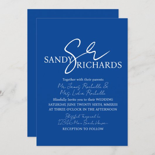 Cooles モノグラムの Blue White Script結婚's 招待状 (正面/裏面)