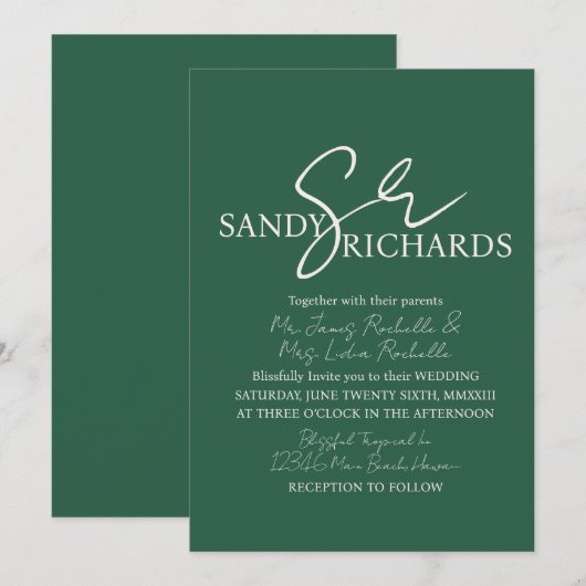 Cooles モノグラムの Verde Script結婚's 招待状 (正面/裏面)