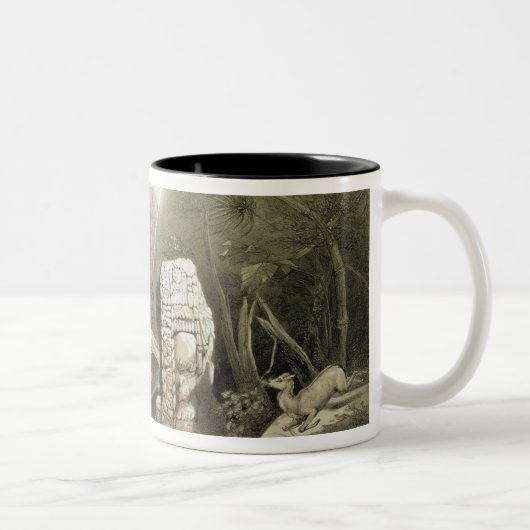 Copan、グアテマラの壊れたマヤの偶像 ツートーンマグカップ (右)