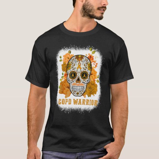 COPD Awareness Sugar Flower Skull Orange Ribbon Bl Tシャツ (正面)