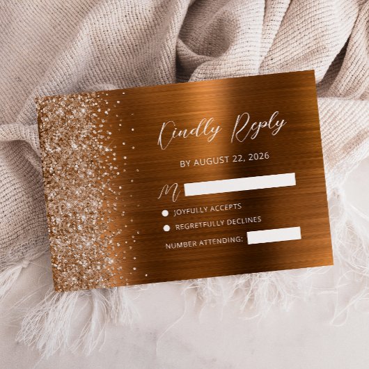 Copper Brushed Metal Glitter Script Wedding 出欠カード