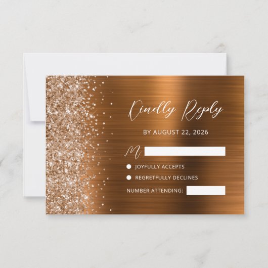 Copper Brushed Metal Glitter Script Wedding 出欠カード (正面)