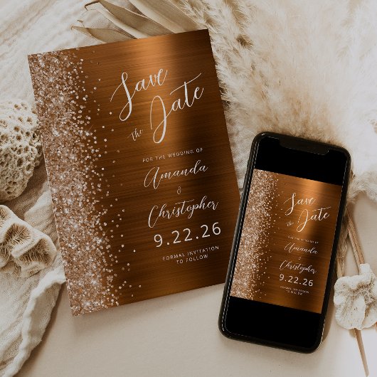 Copper Brushed Metal Script Save the Date 案内状