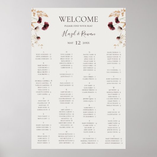Copper Burgundy Wildflower | Beige Seating Chart ポスター (正面)