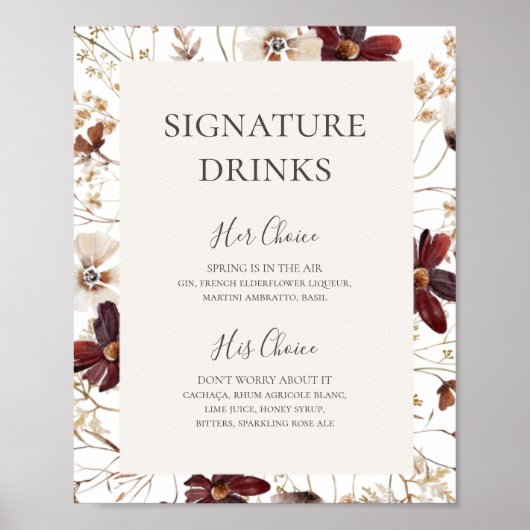 Copper Burgundy Wildflower | Signature Drinks Sign ポスター (正面)