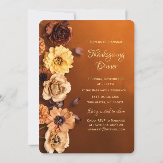 Copper Burnt Orange Dahlia Thanksgiving 招待状 (正面)