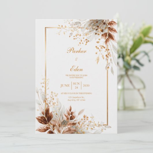 Copper Gilded Autumn Botanical Frame Wedding 招待状 (スタンド正面)