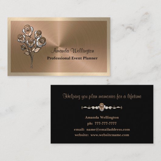 Copper & Gold Floral Event Planner Business Card 名刺 (正面/裏面)