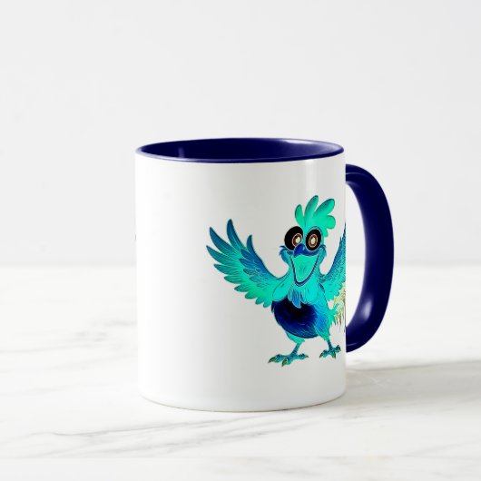 Coq cartoon bleu joyeux avec ailes déployées. マグカップ (正面右)