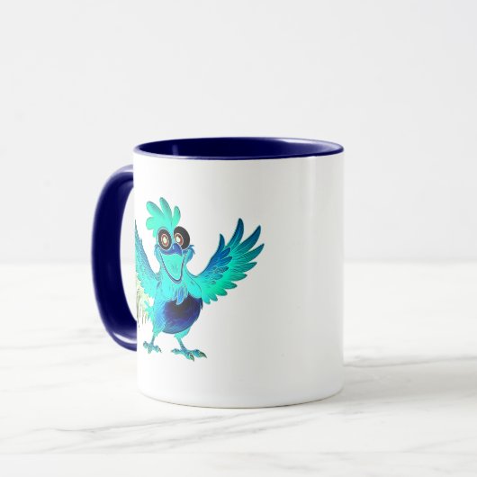 Coq cartoon bleu joyeux avec ailes déployées. マグカップ (正面左)