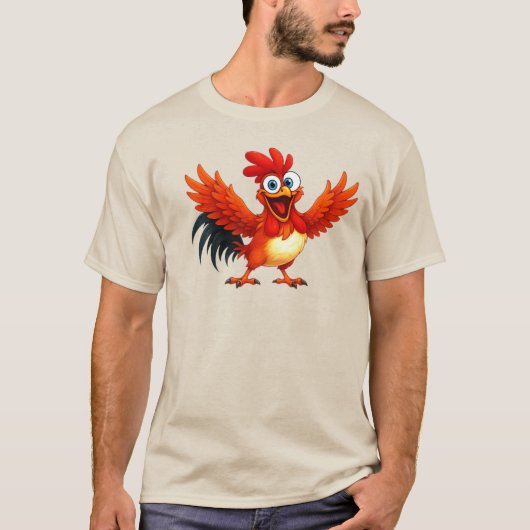 Coq cartoon joyeux aux plumes rouges éclatantes. tシャツ (正面)