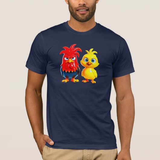 Coq et poussin drôle en 3D effet porcelaine. Tシャツ (正面)