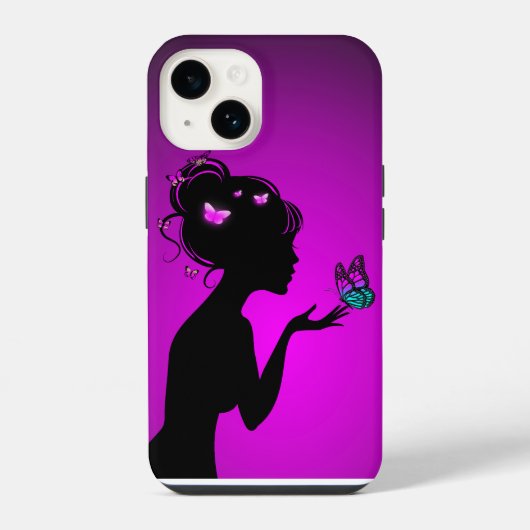 Coque Pour iPhone 14 La femme papillons violets iPhoneケース (裏面)