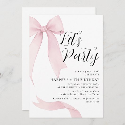 Coquete pink bow Birthday party 招待状 (正面/裏面)
