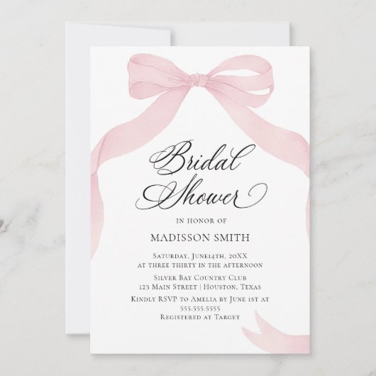 Coquete pink bow Bridal Shower invitation 招待状 (正面)