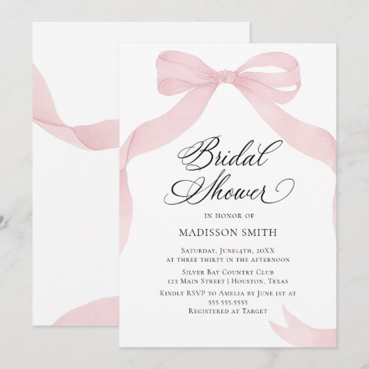 Coquete pink bow Bridal Shower invitation 招待状 (正面/裏面)