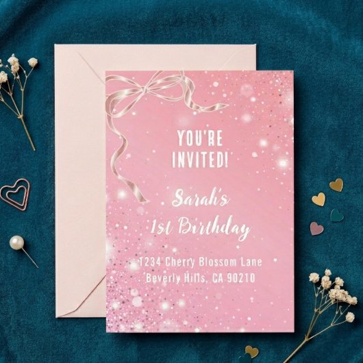 Coquette 1st Birthday Invitations Pink Bow 招待状