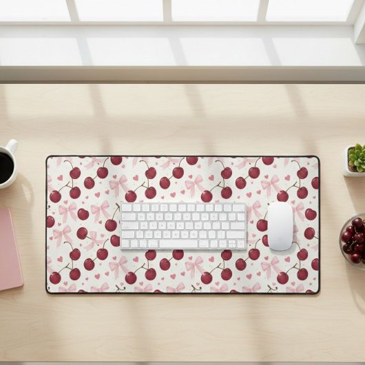 Coquette Aesthetic Desk Mat Cherry Red Bows Office デスクマット