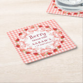 Coquette Berry First Birthday Red Gingham  スクエアペーパーコースター (アングル)