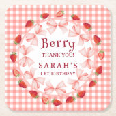Coquette Berry First Birthday Red Gingham  スクエアペーパーコースター (正面)