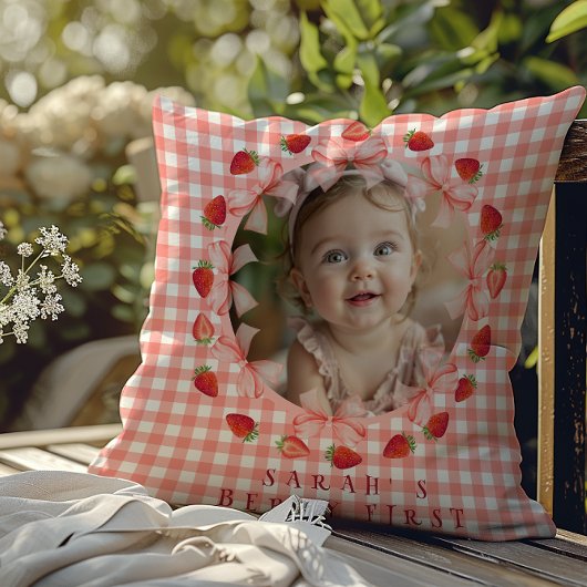 Coquette Berry First Birthday Red Gingham Photo  クッション