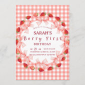 Coquette Berry First Birthday Red Gingham Photo 招待状 (正面)
