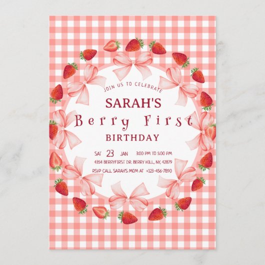 Coquette Berry First Birthday Red Gingham Photo 招待状 (正面)