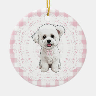 Coquette Bichon Frise Dog Pink Gingham Bows セラミックオーナメント