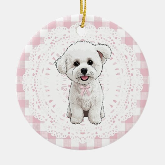 Coquette Bichon Frise Dog Pink Gingham Bows セラミックオーナメント (正面)