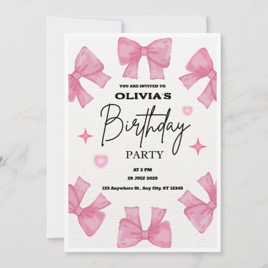 Coquette Birthday Invitation, Pink Bow Aesthetic 招待状 (正面)