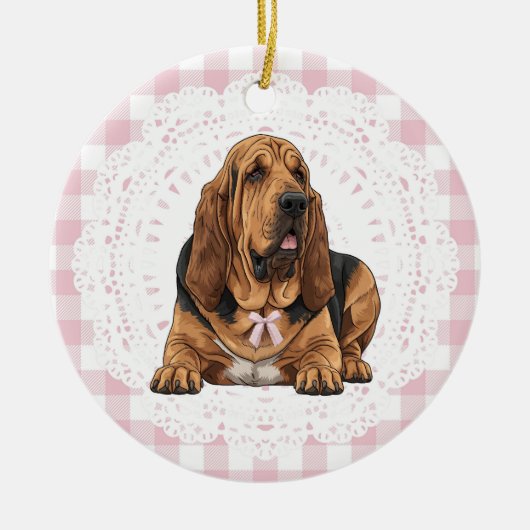 Coquette Bloodhound Dog Pink Gingham Bows セラミックオーナメント (正面)
