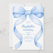Coquette Blue Bow Birthday Invitation 招待状 (正面)