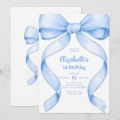 Coquette Blue Bow Birthday Invitation 招待状 (正面/裏面)