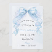 Coquette Blue Lace Bow Boy First Birthday 招待状 (正面/裏面)