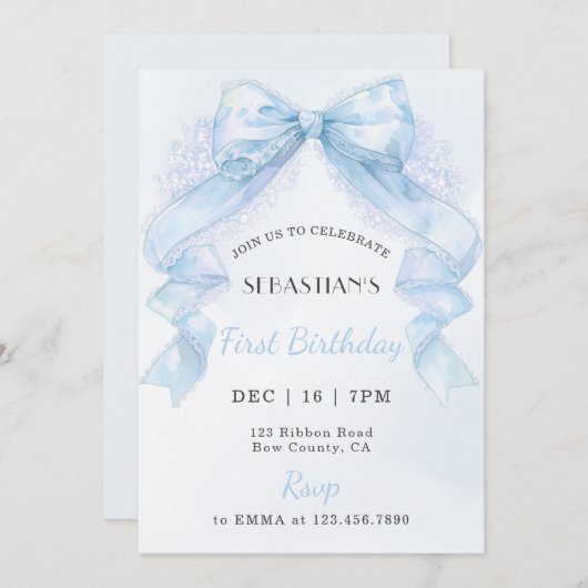 Coquette Blue Lace Bow Boy First Birthday 招待状 (正面/裏面)