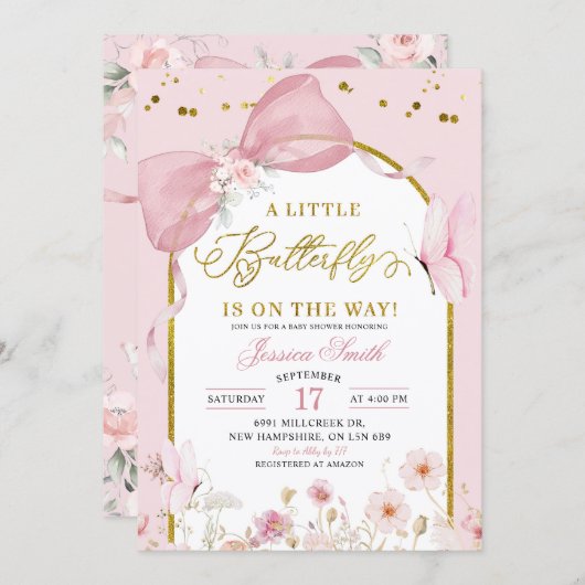 Coquette Blush Pink Butterfly Baby Shower 招待状 (正面/裏面)