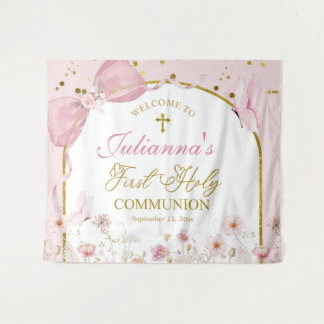 Coquette Blush Pink Butterfly First Holy Communion タペストリー