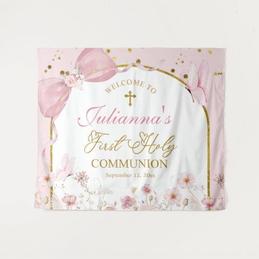 Coquette Blush Pink Butterfly First Holy Communion タペストリー (正面(横))